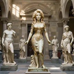 a statue of Dolly Parton in the Uffizi, amongst ancient greek statues, soft sunlight dappling, classical architecture,  award-winning photo