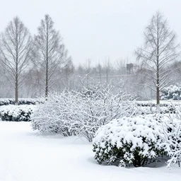 a winter landscape with shrubs and trees on a clear day, in art deco style