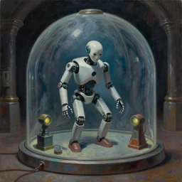 robot being reanimated inside a dome - shaped control center, evil lair, lowbrow surrealism, pj crook, oil on canvas