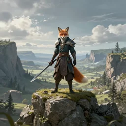 a foxfolk bard duel classing as a wizard standing atop a tall hill overlooking a valley