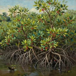 a mangrove forest, berries, extremely detailed oil painting, rhads, sargent and leyendecker, savrasov levitan polenov, bruce pennington, studio ghibli, tim hildebrandt, digital art, landscape painting, trending on artstation, masterpiece