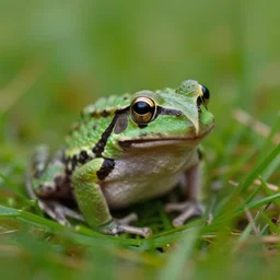 a closeup, 4 5 mm, detailed photograph of cute real frog in grass land, beautiful low light, 4 5 mm, by franz lanting