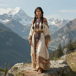 ethereal native american princess in the mountains, extremely detailed, sharp focus, wide view, full body shot, smooth, digital illustration, by lisa perrin!!!!, dan mumford, james jean, by rossdraws, frank franzzeta, sakimichan