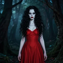 in the style of artgerm, full body, pretty alyson hannigan, evil dead demon, evil dead movie, red dress, symmetrical eyes, symmetrical face, artgerm long curly black hair, trees, forest, branches, cinematic lighting, evil dead creature, scary