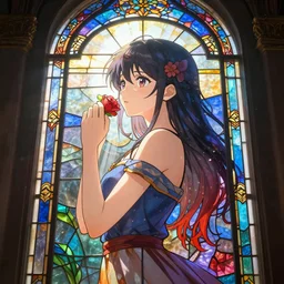 Rays of light pass through a stained glass window in the shape of an anime girl, looks in love, volumetric light, ray tracing, dust and particles, 8k, octane render, interior design, anime temple, artstation trends, colourfulness