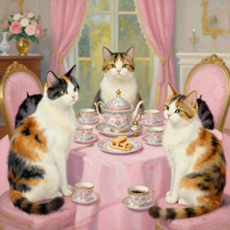 only three calico cats enjoying a fancy english tea party, painted by artgerm