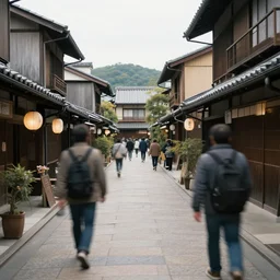 waking away from midjourney, moebius, blurry people slow shutter, old japanese street