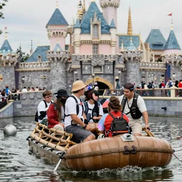 A group of refugees on a raft at disneyland, War Photography