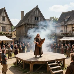 a medieval bard singing in a wooden stage in the middle of an old wooden town with his hurdy - gurdy. smoke explosion around him. mid day light. sunny day. medieval market fest. people gathering around. wide angle. trending on artstation, craig mullins, gopro lens.