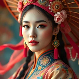 wide angle full body portrait shot of a beautiful vietnamese princess wearing flowing colourful clothes, highly detailed face, detailed eyes, alphonse mucha, rhads, ross tran, artstation, artgerm, octane render, 1 6 k