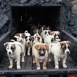 group of puppies riding on truck into coal mine, photo from 1 9 9 8,