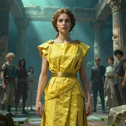 high detail portrait of a possessed woman wearing an ancient greek tunic made of yellow paper, unreal engine, stephen bliss, fantasy art by greg rutkowski, rhads, ferdinand knab, makoto shinkai and lois van baarle, ilya kuvshinov, rossdraws, tom bagshaw, global illumination, radiant light, ancient greek temple ruins, green blue color theme