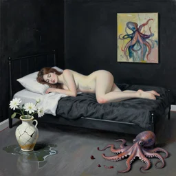 bedroom room with black walls and a futon, sensual portrait of a woman sleeping, cracked handmade pottery vase, white flowers on the floor, puddle of water, octopus, squashed berries, neo - expressionism, surrealism, acrylic and spray paint and oilstick on canvas