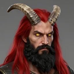 dnd render of a man, red, a big black beard, completely golden eyes, 1 curved horn growing out of his forehead, one broken horn growing out of his forehead,