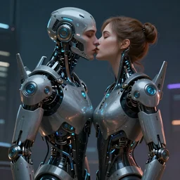ultra realistic medium shot of a couple of cyborgs lovers, kissing, cyberpunk, sci - fi, fantasy, kodak, photorealistic illustration, colour led, soft light, volumetric lighting, night, intricate, highly detailed, digital painting, concept art, smooth, sharp focus, illustration, art by artgerm and greg rutkowski and alphonse mucha