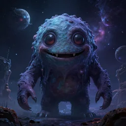 a sweet lovecraftian cosmic horor smiling, deep space, happy gigantic creature, highly detailed digital art