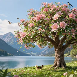 a beautiful awesome artistic tree in with falling flowers like leaves and many birds, dog walks next to a tree, all in the amazing outdoors view, mountain in the background, lake, long exposure, 8 k resolution, trending on artstation