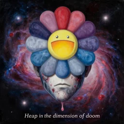 A beautiful detailed cosmic horror portrait painting 'Head floating in the dimension of doom' by Takashi Murakami and Wayne Barlowe, hubble deep field in the background, Trending on cgsociety artstation, 8k, masterpiece, in the style of DiscoDiffusion.