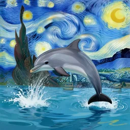 dolphin jumping outside the water in the style of vincent van gogh