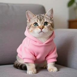 a Little cat wearing a pink hoodie sitting on a couch, trending on artstation, HDR, nicely detailed, 8k, Instagram photo