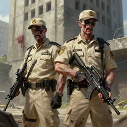zombie security guard officers in beige uniform with background burtalist concrete building by greg rutkowski trending on artstation digital painting highly detailed bleeding 4 k 8 k hd holding bullpup