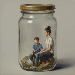 a tiny realistic proportioned man sitting down inside a jar. beautiful detailed painting by artgerm and magali villanueve and michael whelan
