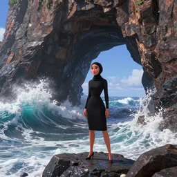 photograph with stylish lens effect, pixar inspired, stylistic lighting, 1 9 8 0's action moviee style, weta digital, octane render, a woman in a black dress and a hair covering standing in the cliffside entrance to a cave alongside crashing dramatic ocean waves with sea foam and sea spray