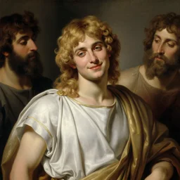 beautiful portrait painting of the Greek god Apollo bei ng worshipped by his subjects with long curly blond hair, delicate young man wearing an open poet shirt smiling sleepily at the viewer, symmetrically parted curtain bangs, in love by Peter Paul Rubens and Norman Rockwell
