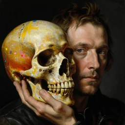 close - up portrait of a man holding up a colorful skull covered in splattered paint. dark lighting. black background. highly detailed science - fiction painting by norman rockwell, moebius, frank frazetta, syd mead, donato giancola. rich colors, high contrast. renaissance masterpiece. artstation