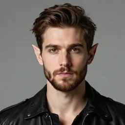 portrait of handsome young elf with brown eyes brown hair and a short neat beard by charles angrand, only one head single portrait, pointy ears, wearing a black leather collared jacket