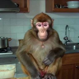 a monkey in a stalinist style kitchen, by mini dv camera, very very low quality, heavy grain, very blurry, accidental flash, webcam footage, found footage, security cam, caught on trail cam