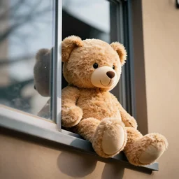 a teddy bear leaning out the window, light reflections are seen through the window, professional photo, artstation trend, hdr
