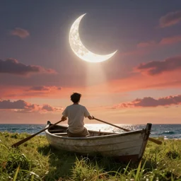 young man rowing a boat in the sea looking at the crescent, cinematic view, epic sky, detailed, concept art, low angle, high detail, warm lighting, volumetric, godrays, vivid, beautiful, trending on artstation, by jordan grimmer, huge scene, grass, art greg rutkowski