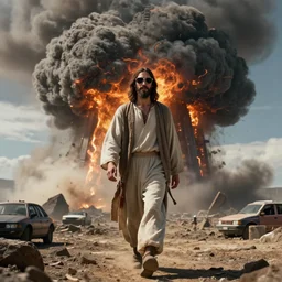 jesus walking away from a nuke with sun glasses on, highly detailed, mega detailed,