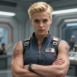 science fiction, awkward flustered brilliant stoic heroic muscular blonde butch injured tomboy woman engineer with very short slicked - back blonde hair, ripped flight suit, on the set of john carter, extremely detailed, cinematic lighting, illustration, digital art, crepuscular ray, trending on artstation, art by greg rutkowski, golden ratio