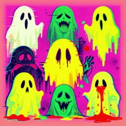 hardcore punk poster art, glitched ghosts, monsters, vomit, blood, 4 colors, flat colors, fluo colors, pink, yellow, green, red, glitched, posterized