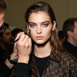 A beautiful portrait of Kendra Spears as a model at  louis vuitton fashion show Paris Spring/Summer 2018, highly detailed, in the style of cinematic, fashion week backstage,  makeup by Pat Mcgrath, shot by Greg rutkowski