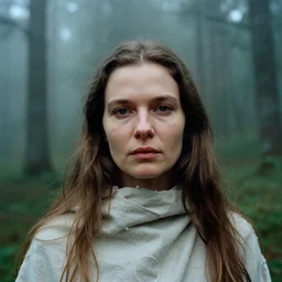 close up portrait of woman, russian cinema, tarkovsky, kodachrome, dense forest, long brown hair, cloth, heavy fog, hudson river school, 4 k, dramatic lightin