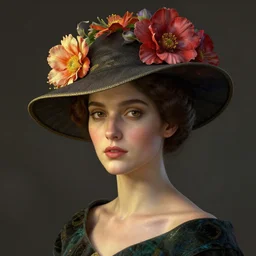 a portrait of a female wearing a hat with a flowers on top of it, hyper detailed, digital art, trending in artstation, cinematic lighting, studio quality, smooth render, unreal engine 5 rendered, octane rendered, art style by klimt and nixeu and ian sprigger and wlop and krenz cushart
