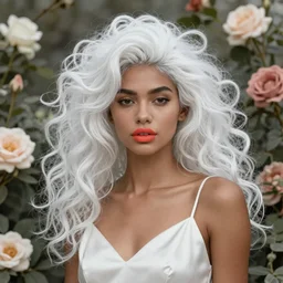 Woman against a background of flowers, they are intertwined in her hair, the color of her hair white, coral lips and brown skin, she is in a white satin dress, photorealism style