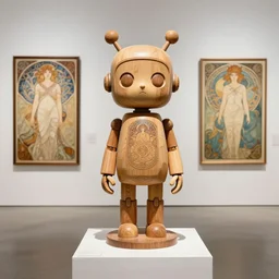 8 k photorealistic a wooden statue on a pedestal cute robot wooden, cyberpunk concept art contemporary art gallery art by alphonse mucha
