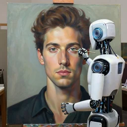 robot artist painting a self - portrait on a canvas. intricate, highly detailed, digital matte painting, in the style of alexandros pyromallis, and in the style of sachin teng, and in the style of hans thoma, and in the style of simon bisley. irony, recursion, inspiration.