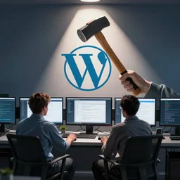 developers sitting in front of a screen, removing wordpress with a hammer