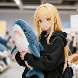 a blonde girl in a black hoodie holding a blahaj blue shark plush from ikea, anime style digital art