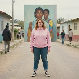 still from music video of annalynne mccord from die antwoord standing in a township street, wearing a hoodie, street clothes, full figure portrait painting by njideka akunyili crosby and martine johanna, earl norem, ismail inceoglu, pastel color palette, 2 4 mm lens
