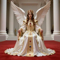 red ground for the queen in the throne room long dress and ritual summun guardian angel gemstone incrusted in crown white colone like greek temple and fantasy painting Hyperrealistic CGI Photorealistic cinematic volume lighting