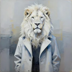 abstract painting of albino white anthro lion wearing a coat