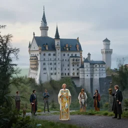 a park with tall gothic castle in the background, misty evening, fantasy art, highly detailed matte painting, low angle view, telephoto lens 2 0 0 mm, by stanley artgerm lau, greg rutkowski, thomas kinkade, alphonse mucha, loish, norman rockwell, artstation