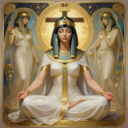a full body portrait of a beautiful ethereal delicate egyptian mage queen meditative sacral pose catholic stages of the cross, intricate, elegant, highly detailed, digital painting, artstation, concept art, smooth, sharp focus, illustration, art by krenz cushart and artem demura and alphonse mucha
