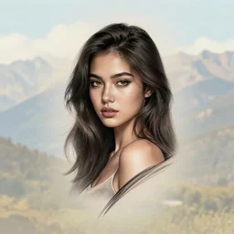 tattoo design sketch of a beautiful girl, a faded background of beautiful mountain scenery, hyper realistic